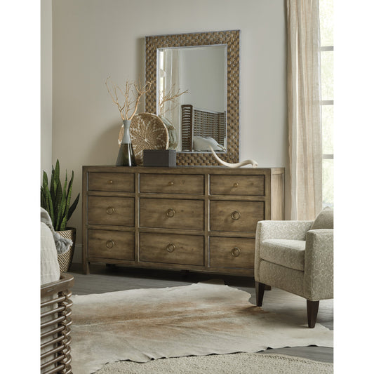 Sundance Dresser by Hooker Furniture in cliffside. Made from pecan veneers, cedar, felt panel, jewelry tray, self-closing undermount drawer guides, solid-wood edge top in a traditional style.