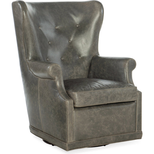 Mai Wing Swivel Club Chair by Hooker Furniture. Made from leather (aniline top grain) in a transitional style.