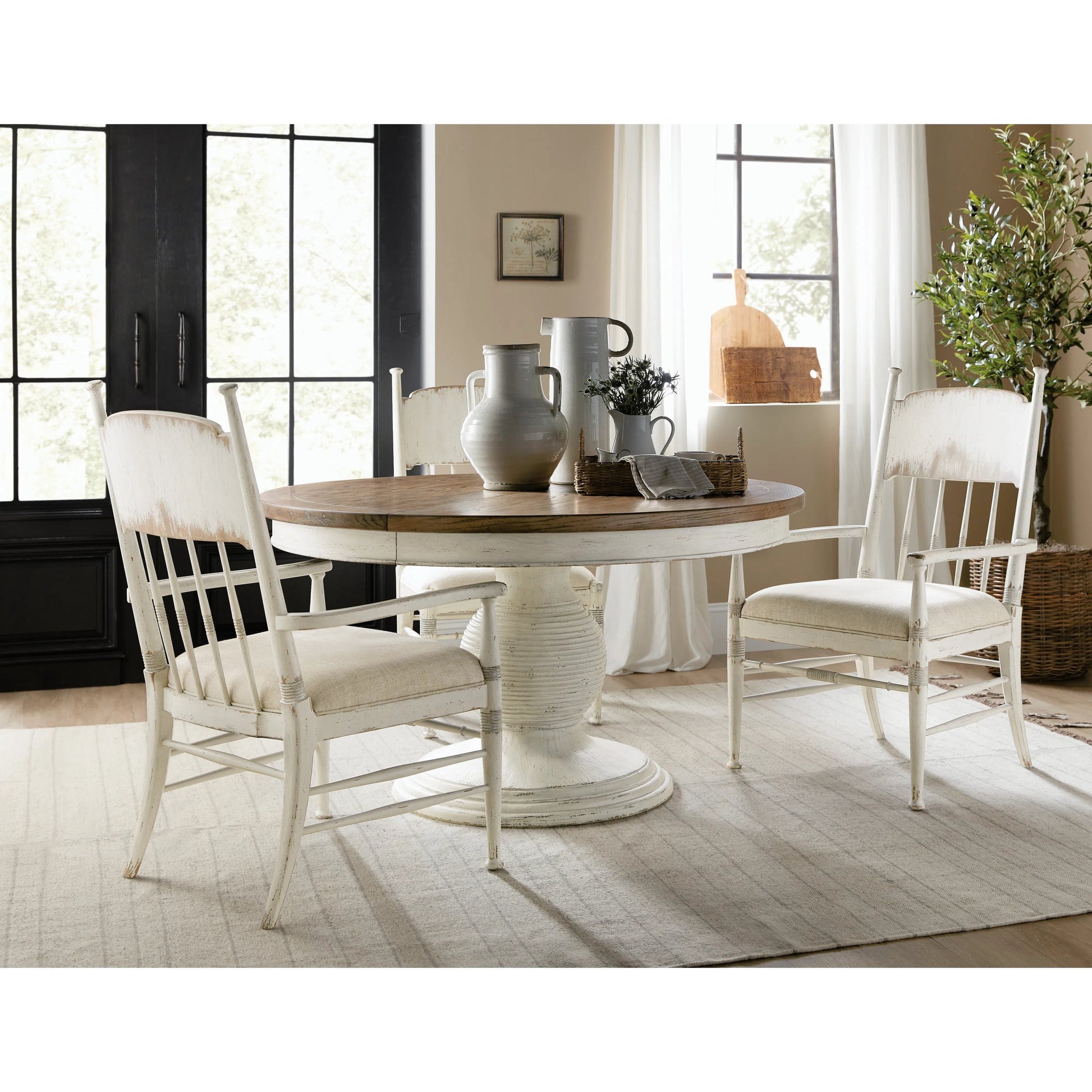 Americana Round Pedestal Dining Table by Hooker Furniture. Made from oak veneers, resin with solid-wood edge top in a cottage & farmhouse style.