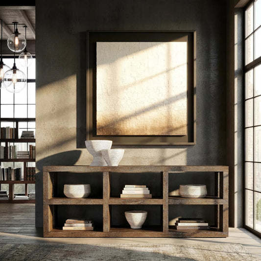 Outline Shelf Console Table by Bernhardt in cassel. Made from wood in a transitional style.