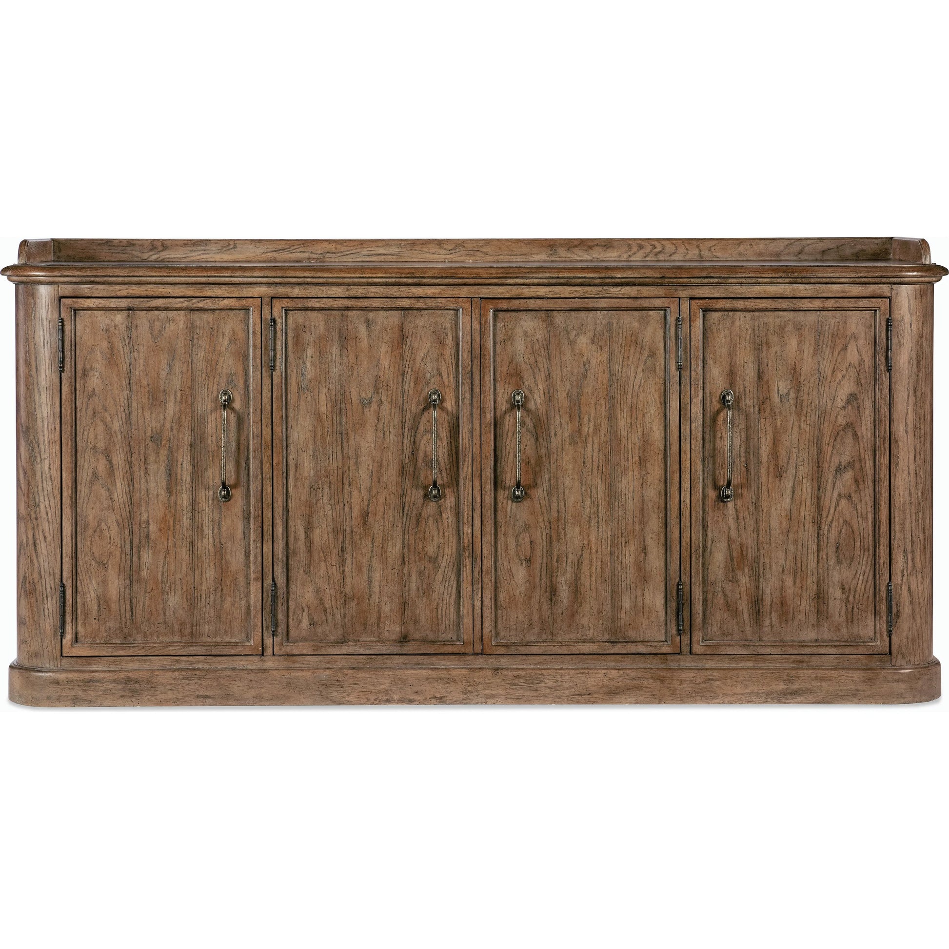 Americana Four-Door Buffet by Hooker Furniture in brown and honey finish. Made from oak veneers with solid-wood edge top in a rustic style.