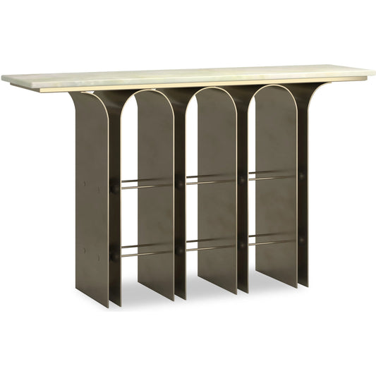 Nexus Console Table by Caracole in brushed gold, brushed deep bronze. Made from metal, stone in a unique style.
