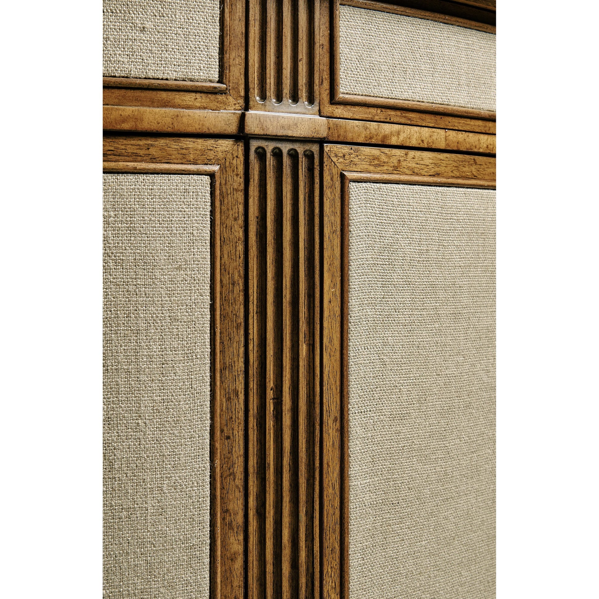 Reimagined Inductance Demilune by Jonathan Charles in fruitwood, performance linen. Made from acacia, foam, fabric in a transitional style.