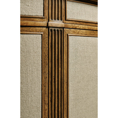 Reimagined Inductance Demilune by Jonathan Charles in fruitwood, performance linen. Made from acacia, foam, fabric in a transitional style.