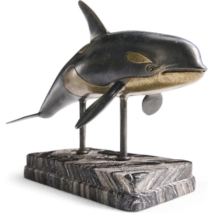 Killer Whale Bronze Statue with Marble Base by Jonathan Charles in dark rustic waxed bronze. Made from main brass in a unique style.