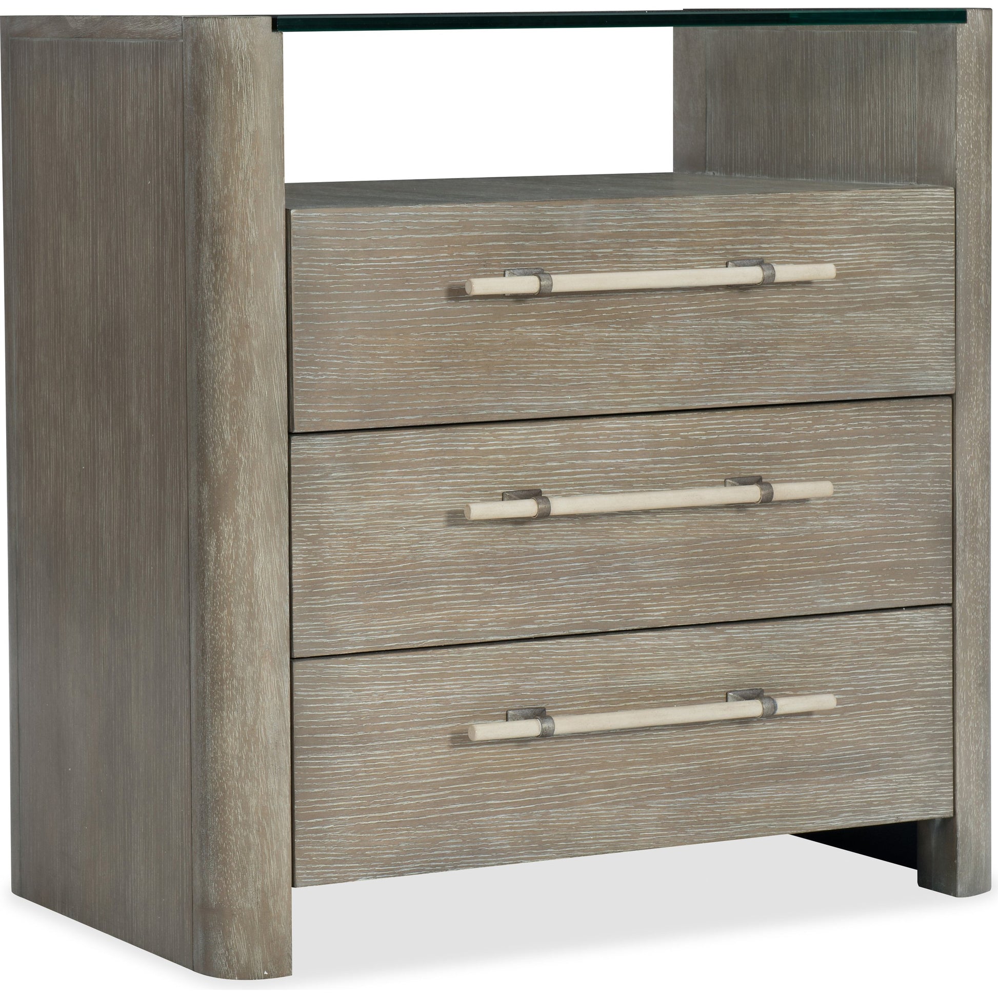 Affinity Three Drawer Nightstand by Hooker Furniture in greige. Made from oak veneers in a eclectic & global style.