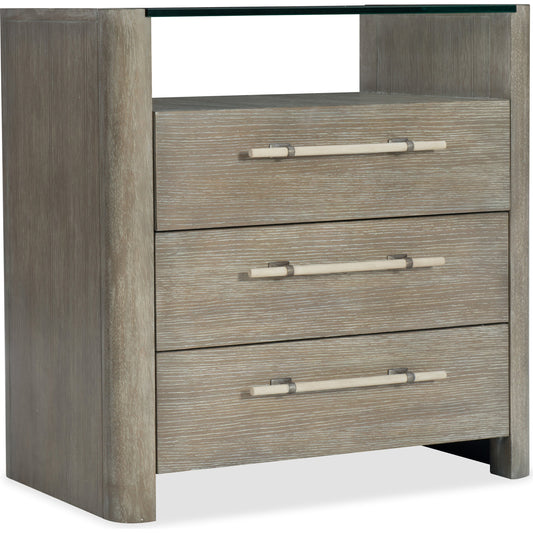 Affinity Three Drawer Nightstand by Hooker Furniture in greige. Made from oak veneers in a eclectic & global style.