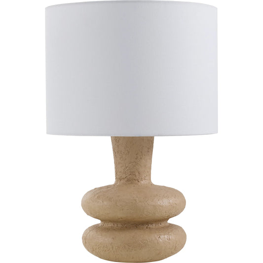 Vanda Accent Table Lamp 538359 by Livabliss in body: beige; base: beige; shade: white; finial: gold; harp: metallic - brass; cord: translucent and paintedpaintedplated. Made from ceramic, linen, polyester, iron in a unique s