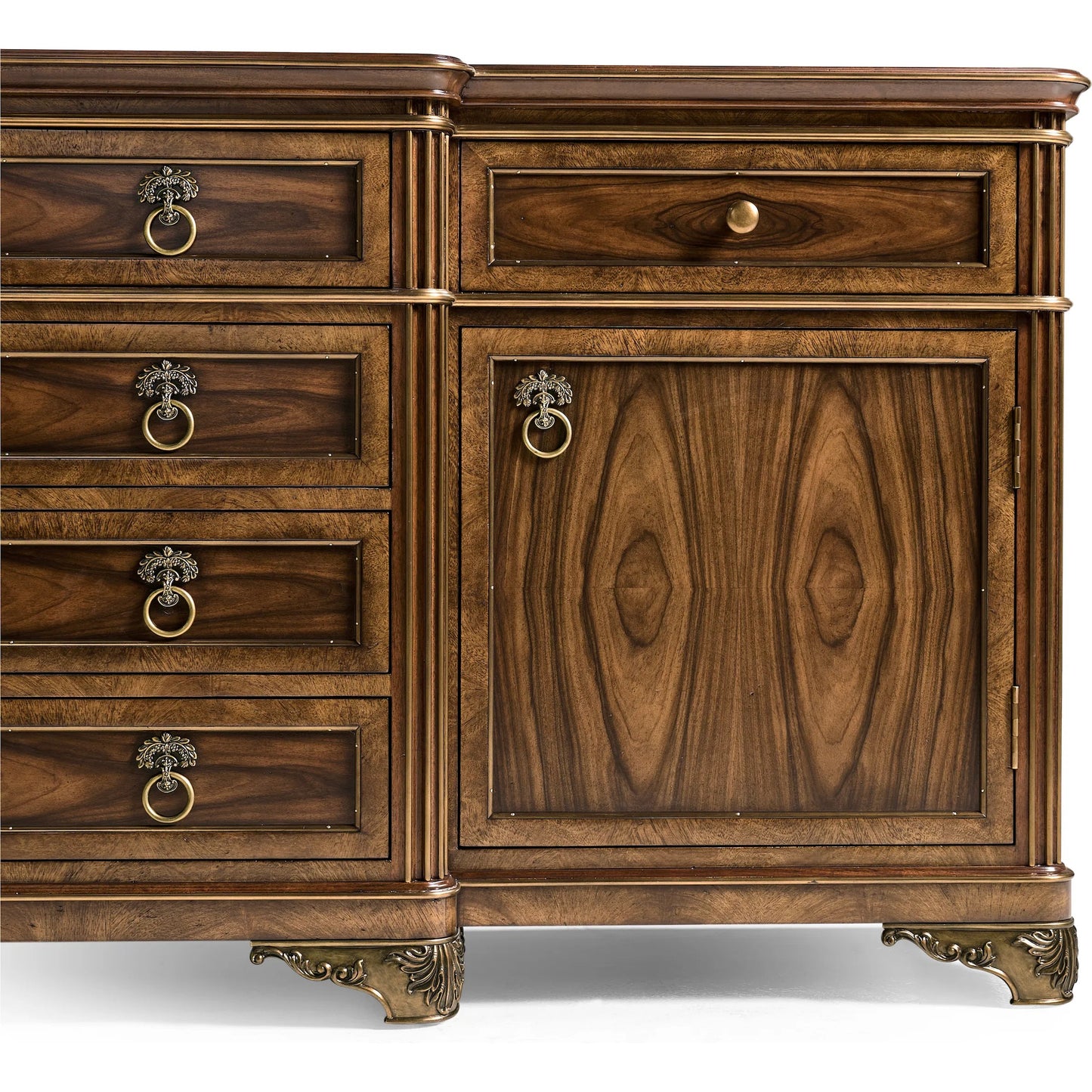 009 SI-2446831 | Closeup | Viceroy Buffet by Jonathan Charles in viceroy brown santos. Made from local mahogany, oak, celejeria veneer, oak veneer, brass, acacia veneer, santos rosewood crown veneer in a traditional style.