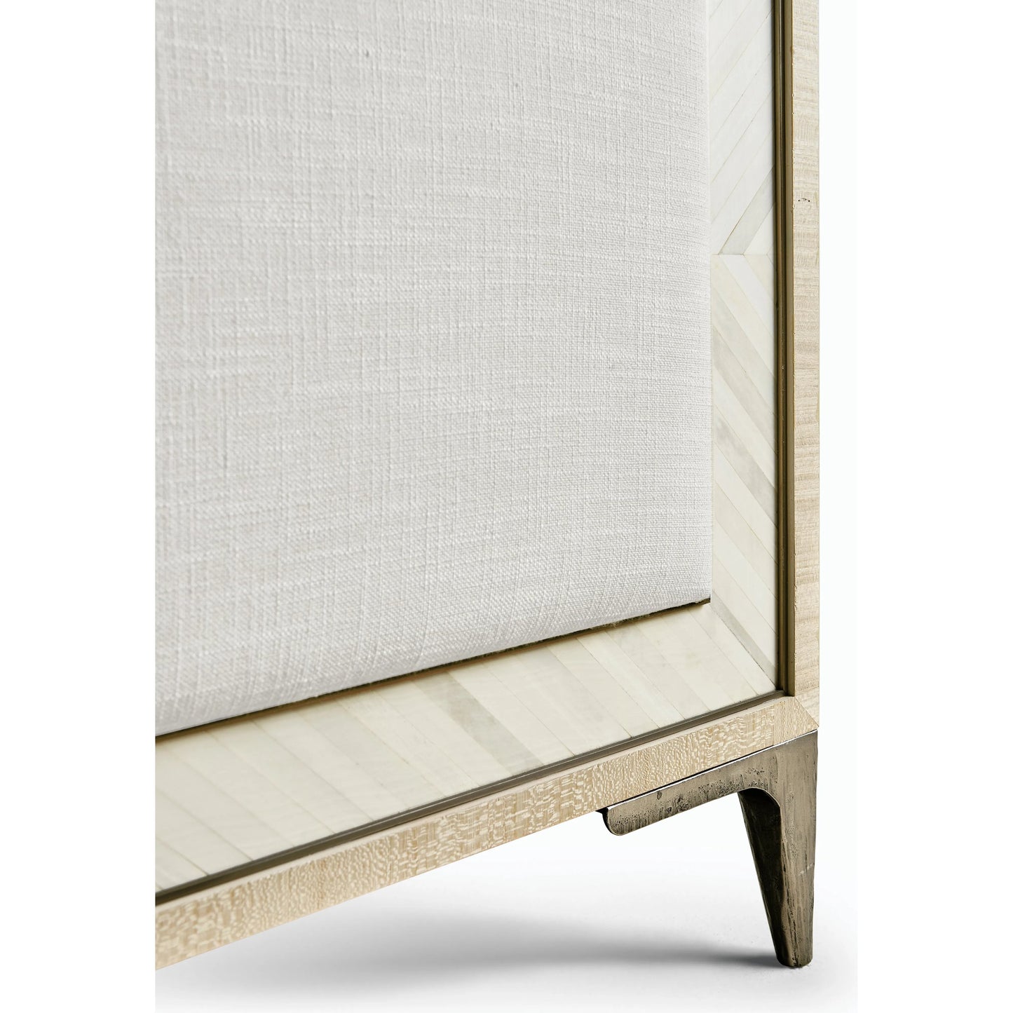 005 SI-2186241 | Closeup | Water Tideline Bone & Linen King Upholstered Bed by Jonathan Charles in dyed koto. Made from dyed koto veneer, faux bone, metal, foam, fabric in a modern style.