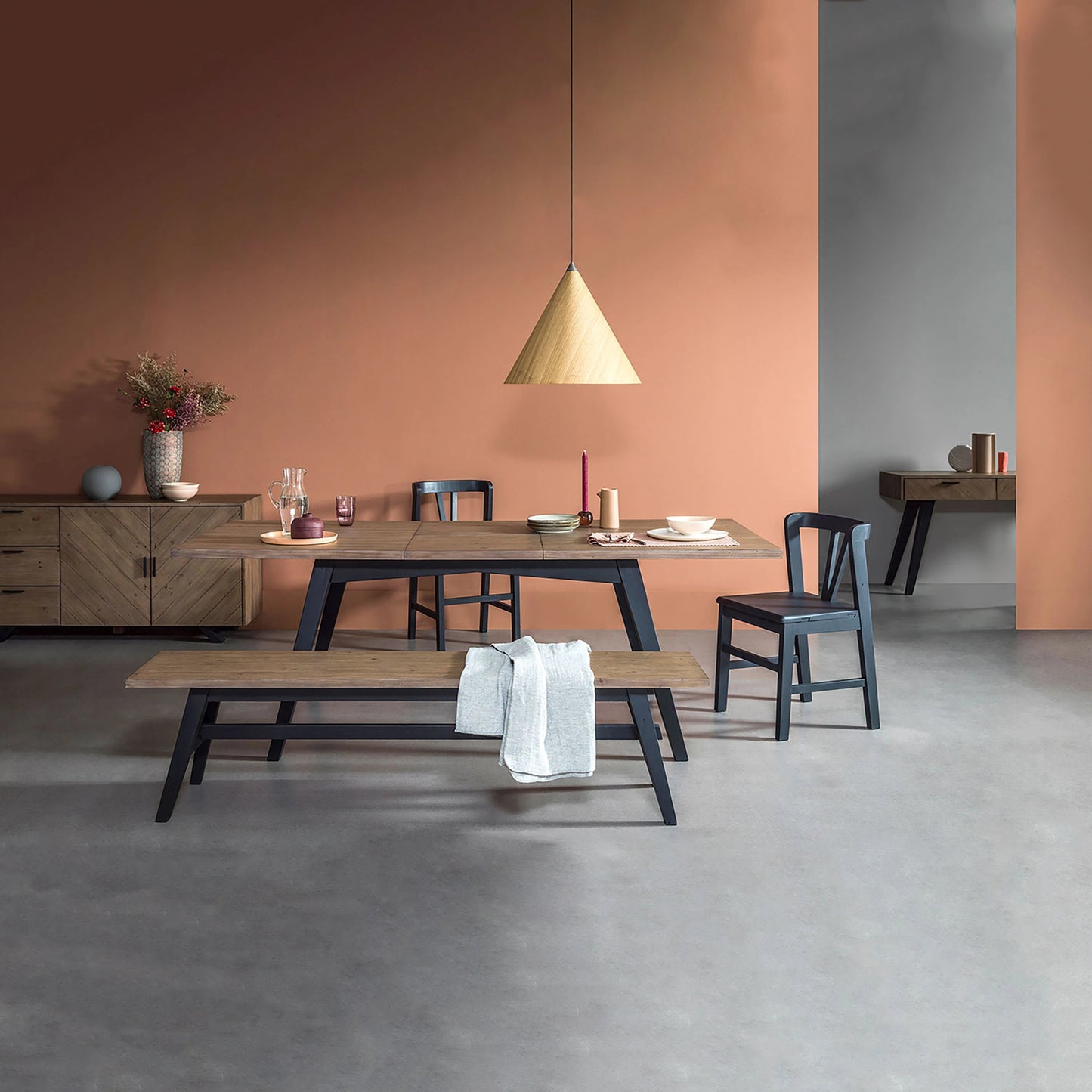 003 SI-2004446 | Lifestyle | Viva Extension Dining Table by LH Imports in matte black and sundried wheat, matte black. Made from fsc reclaimed mixed wood in a modern style.