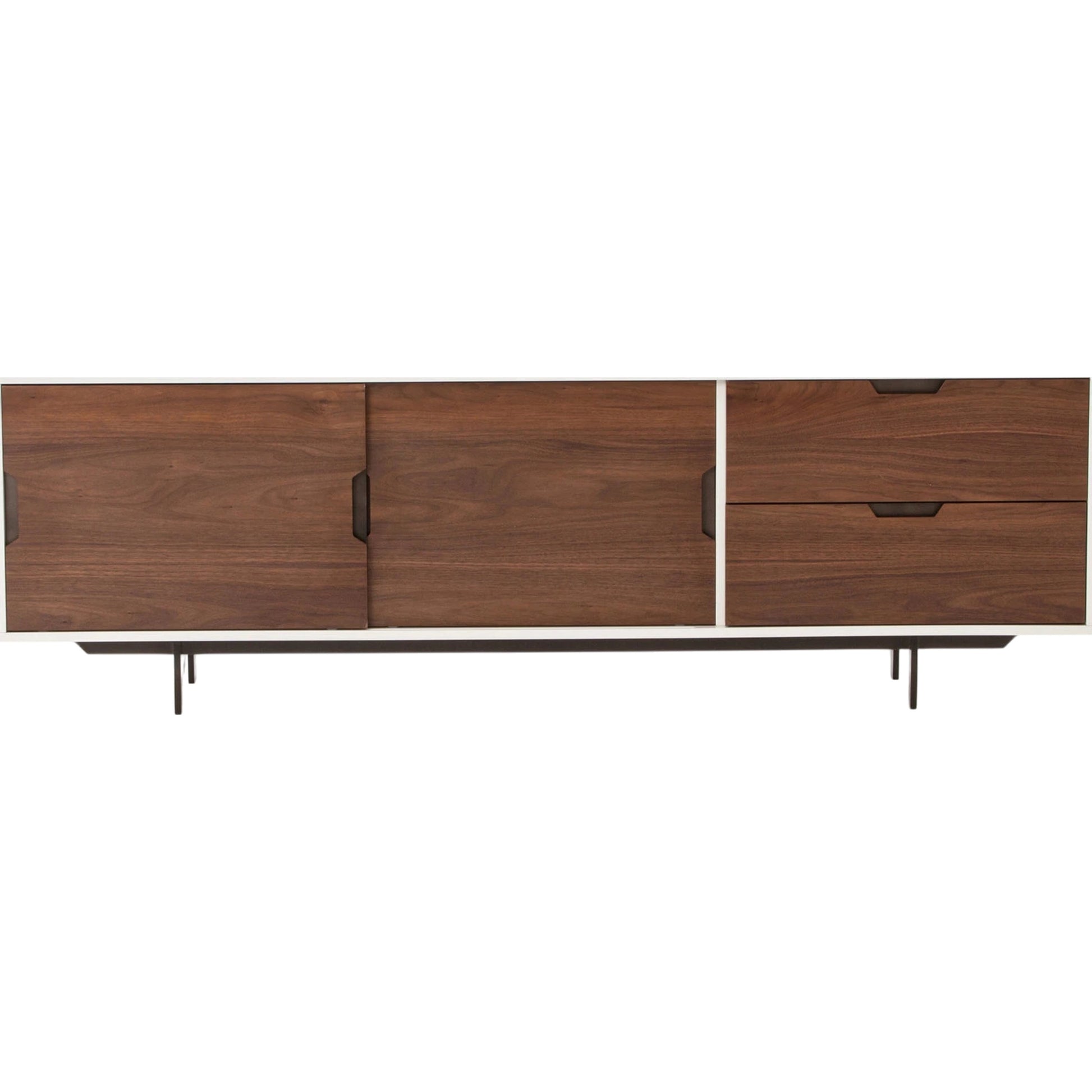 Tucker Media Console by Four Hands in walnut, oil rubbed bronze. Made from walnut veneer, iron in a modern style.
