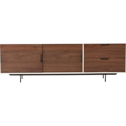 Tucker Media Console by Four Hands in walnut, oil rubbed bronze. Made from walnut veneer, iron in a modern style.