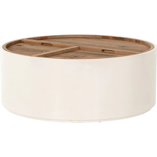 Cas Drum Coffee Table by Four Hands in cream lacquer, dry oak. Made from thick oak veneer, engineered hardwood in a modern style.
