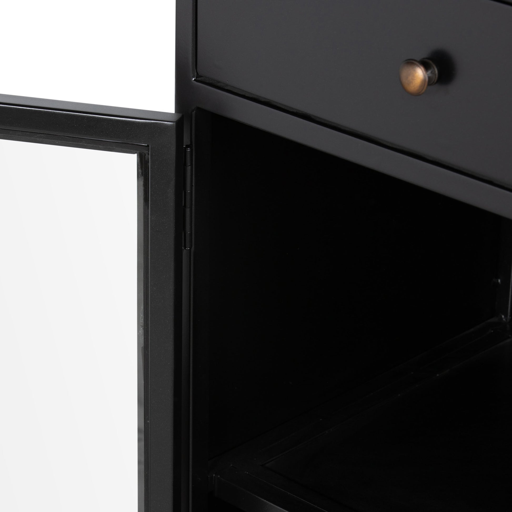 Shadow Box Small Cabinet by Four Hands in black, weathered bronze. Made from iron in a modern style.