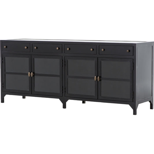 Shadow Box Media Console by Four Hands in black. Made from iron in a modern style.