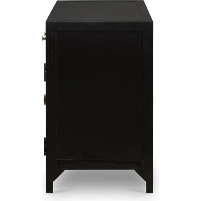 Shadow Box Media Console by Four Hands in black. Made from iron in a modern style.