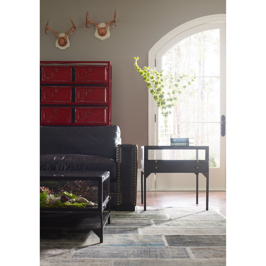 Shadow Box End Table by Four Hands in black. Made from tempered glass, iron in a modern style.