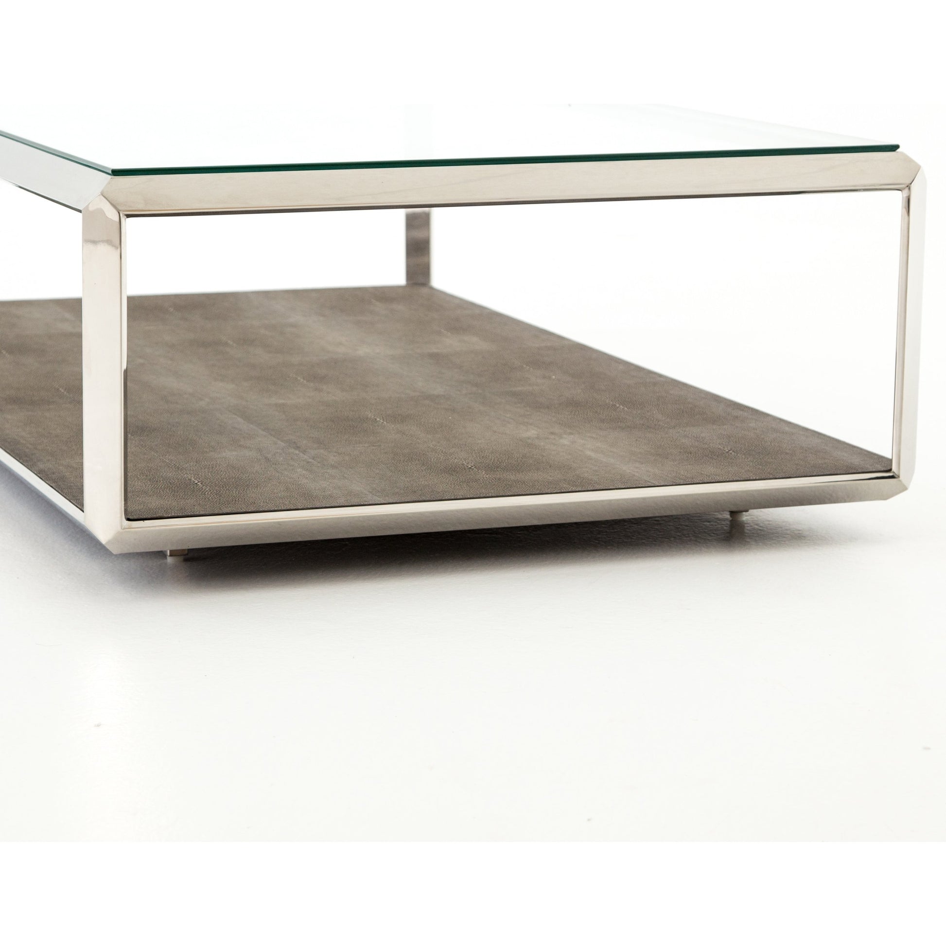 Shagreen Shadow Box Coffee Table by Four Hands in antique brass, gray shagreen, tempered glass. Made from tempered glass, iron, faux shagreen in a modern style.