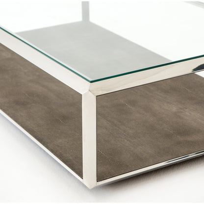 Shagreen Shadow Box Coffee Table by Four Hands in antique brass, gray shagreen, tempered glass. Made from tempered glass, iron, faux shagreen in a modern style.