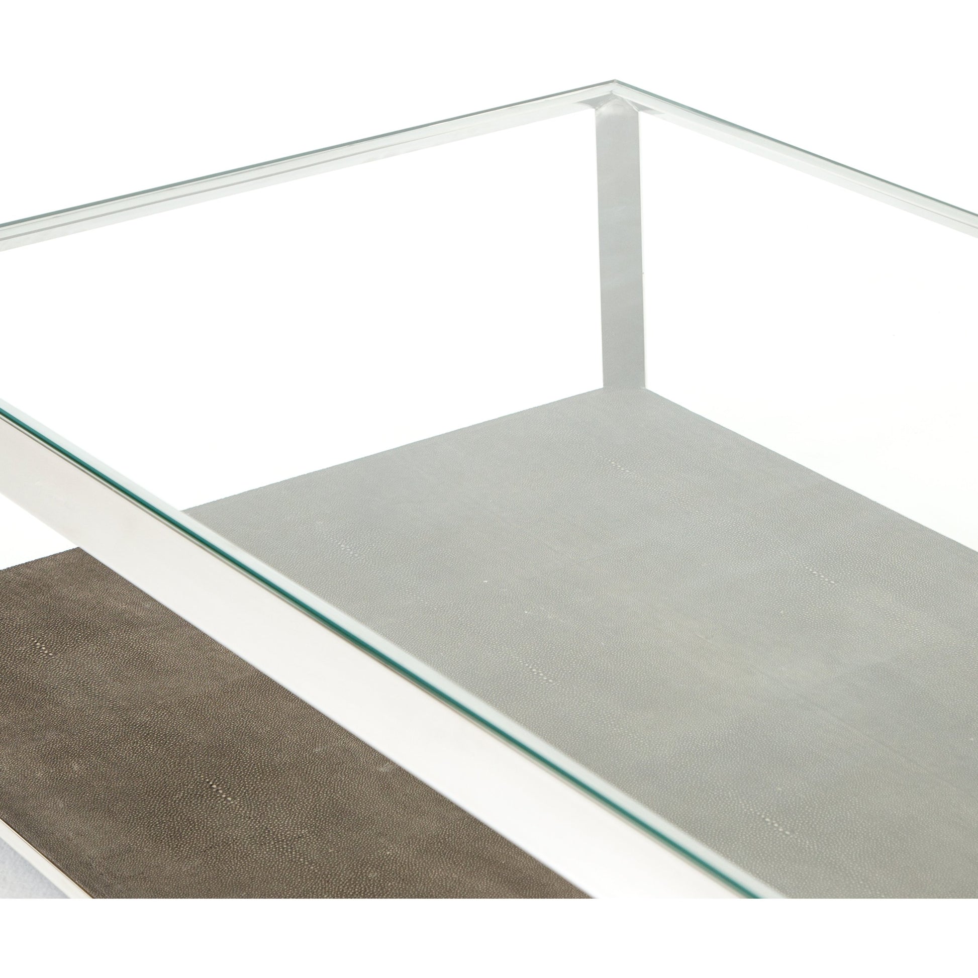 Shagreen Shadow Box Coffee Table by Four Hands in antique brass, gray shagreen, tempered glass. Made from tempered glass, iron, faux shagreen in a modern style.