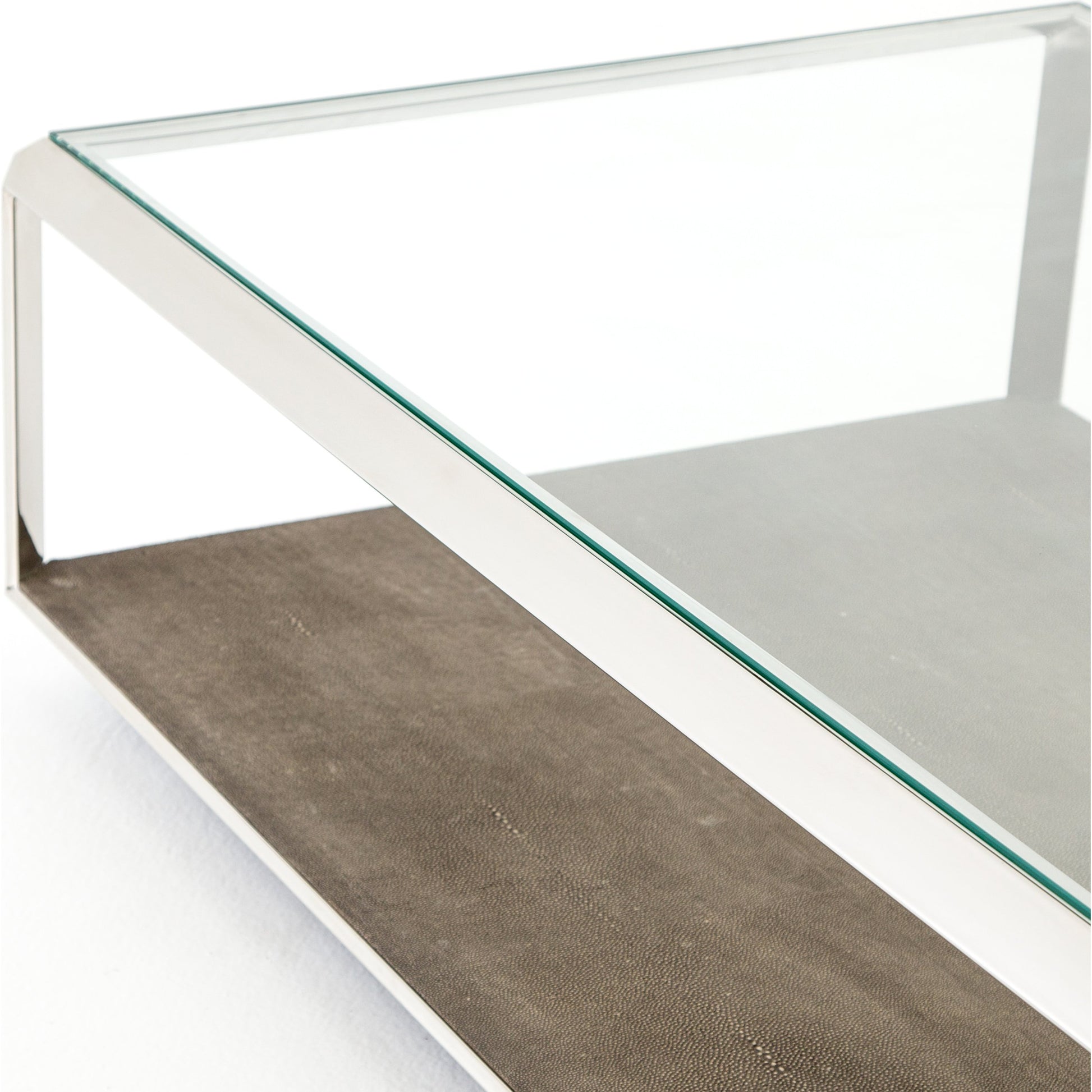 Shagreen Shadow Box Coffee Table by Four Hands in antique brass, gray shagreen, tempered glass. Made from tempered glass, iron, faux shagreen in a modern style.