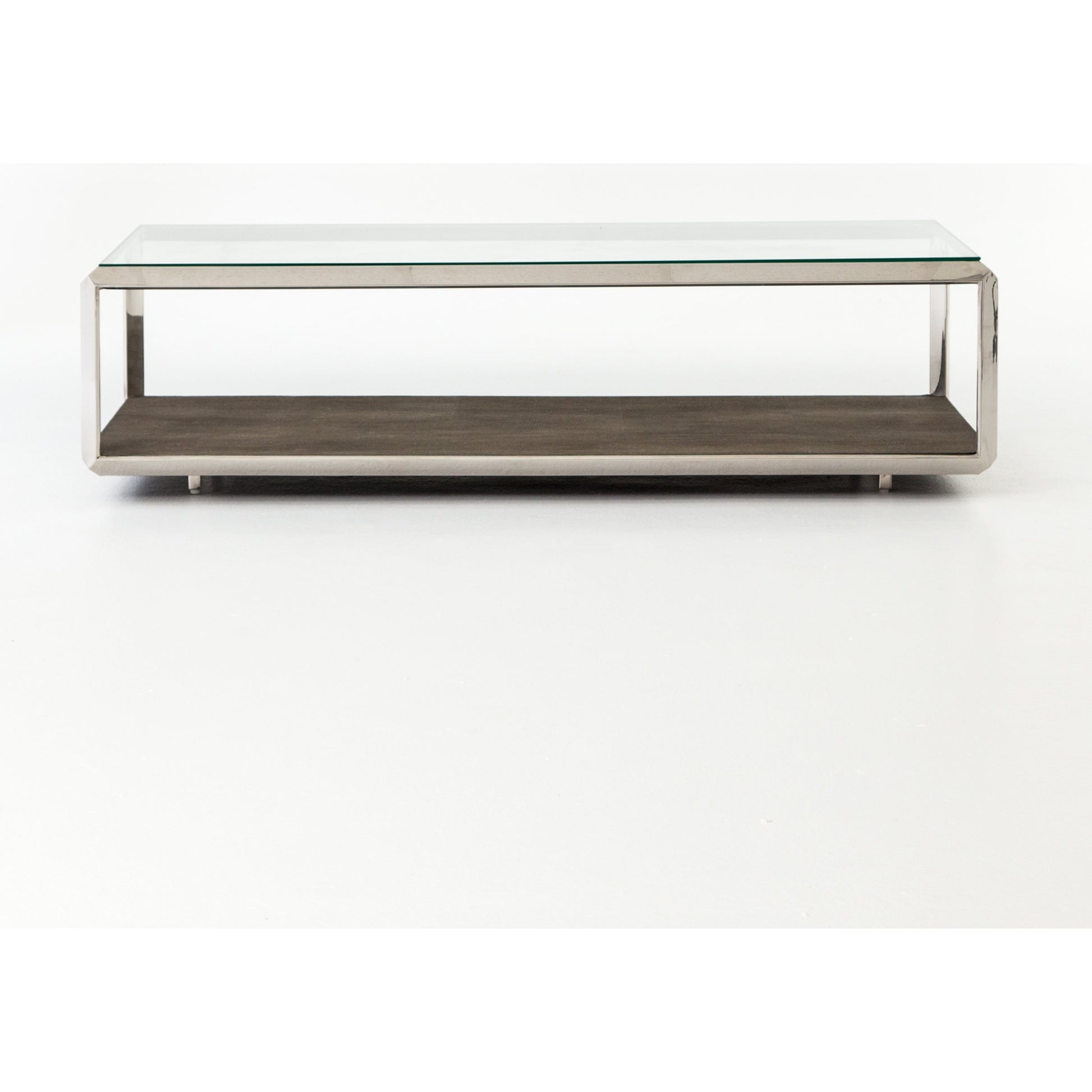 Shagreen Shadow Box Coffee Table by Four Hands in antique brass, gray shagreen, tempered glass. Made from tempered glass, iron, faux shagreen in a modern style.