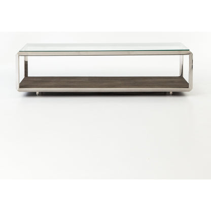 Shagreen Shadow Box Coffee Table by Four Hands in antique brass, gray shagreen, tempered glass. Made from tempered glass, iron, faux shagreen in a modern style.