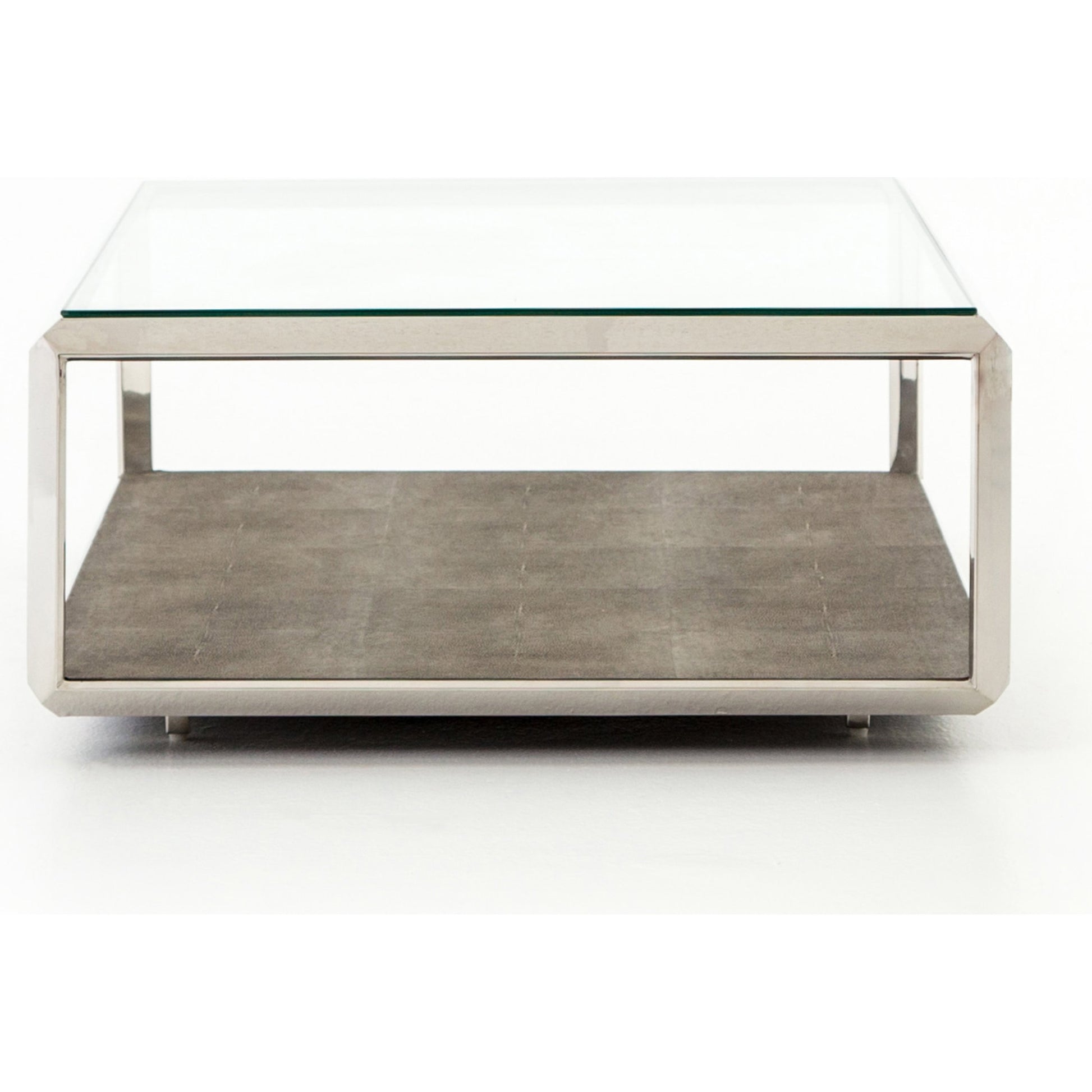 Shagreen Shadow Box Coffee Table by Four Hands in antique brass, gray shagreen, tempered glass. Made from tempered glass, iron, faux shagreen in a modern style.