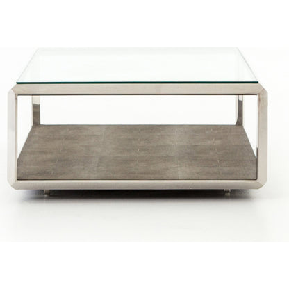 Shagreen Shadow Box Coffee Table by Four Hands in antique brass, gray shagreen, tempered glass. Made from tempered glass, iron, faux shagreen in a modern style.