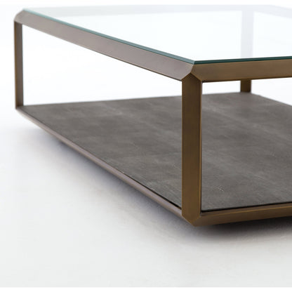 Shagreen Shadow Box Coffee Table by Four Hands in antique brass, gray shagreen, tempered glass. Made from tempered glass, iron, faux shagreen in a modern style.