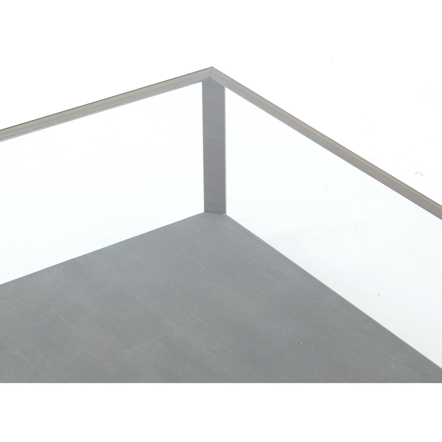 007 SR-369206 | Additional Silo | Shagreen Shadow Box Coffee Table by Four Hands in antique brass, gray shagreen, tempered glass. Made from tempered glass, iron, faux shagreen in a modern style.