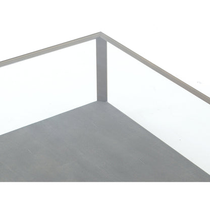 Shagreen Shadow Box Coffee Table by Four Hands in antique brass, gray shagreen, tempered glass. Made from tempered glass, iron, faux shagreen in a modern style.