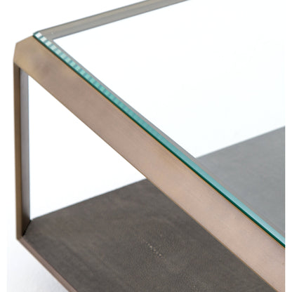 Shagreen Shadow Box Coffee Table by Four Hands in antique brass, gray shagreen, tempered glass. Made from tempered glass, iron, faux shagreen in a modern style.