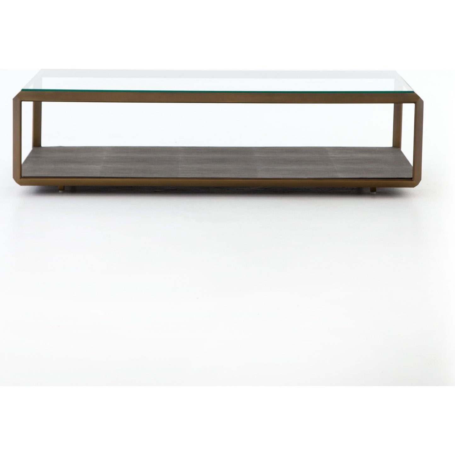 003 SR-369206 | Additional Silo | Shagreen Shadow Box Coffee Table by Four Hands in antique brass, gray shagreen, tempered glass. Made from tempered glass, iron, faux shagreen in a modern style.