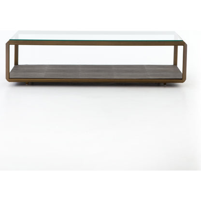 Shagreen Shadow Box Coffee Table by Four Hands in antique brass, gray shagreen, tempered glass. Made from tempered glass, iron, faux shagreen in a modern style.