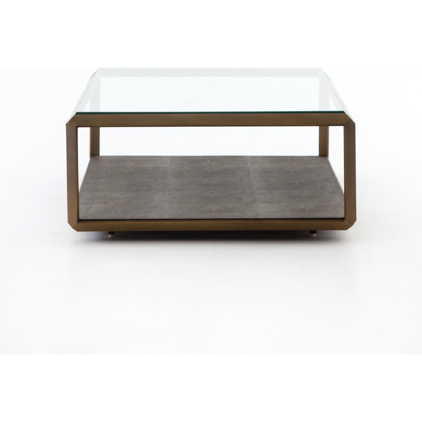 004 SR-369206 | Additional Silo | Shagreen Shadow Box Coffee Table by Four Hands in antique brass, gray shagreen, tempered glass. Made from tempered glass, iron, faux shagreen in a modern style.