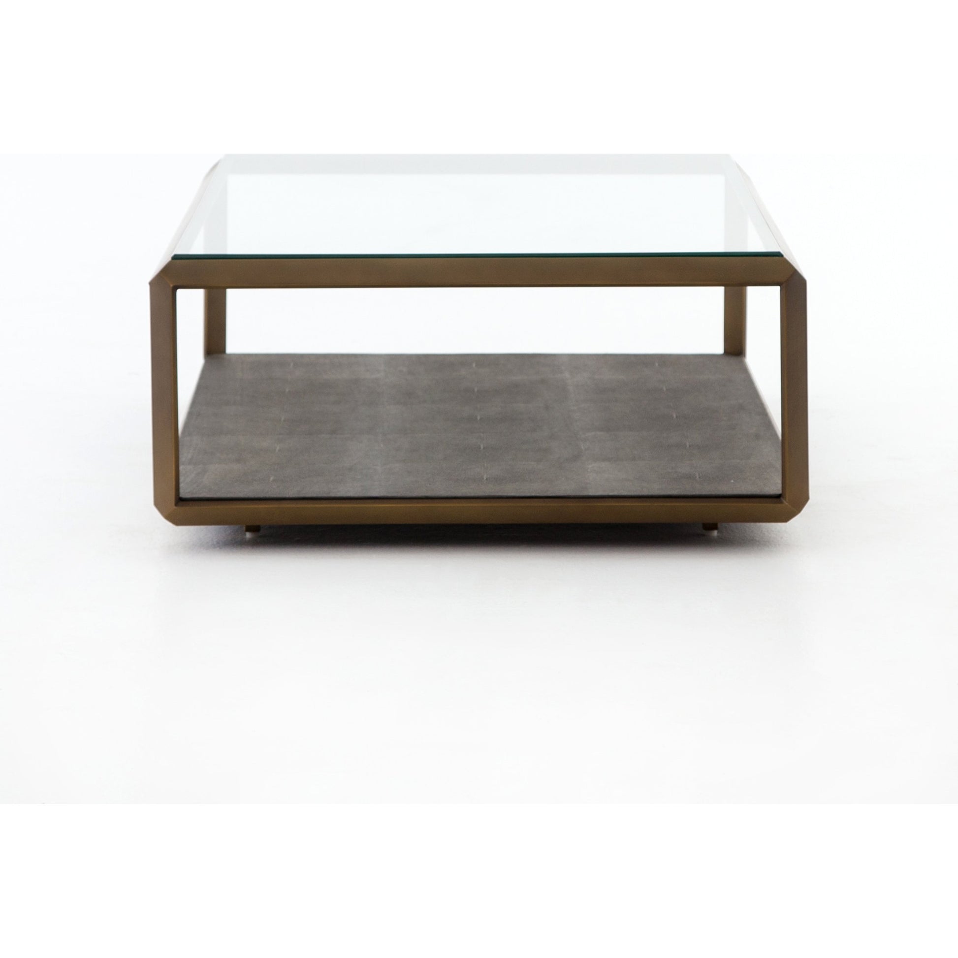 Shagreen Shadow Box Coffee Table by Four Hands in antique brass, gray shagreen, tempered glass. Made from tempered glass, iron, faux shagreen in a modern style.