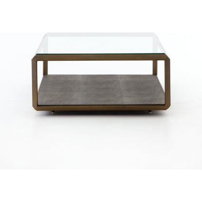 Shagreen Shadow Box Coffee Table by Four Hands in antique brass, gray shagreen, tempered glass. Made from tempered glass, iron, faux shagreen in a modern style.