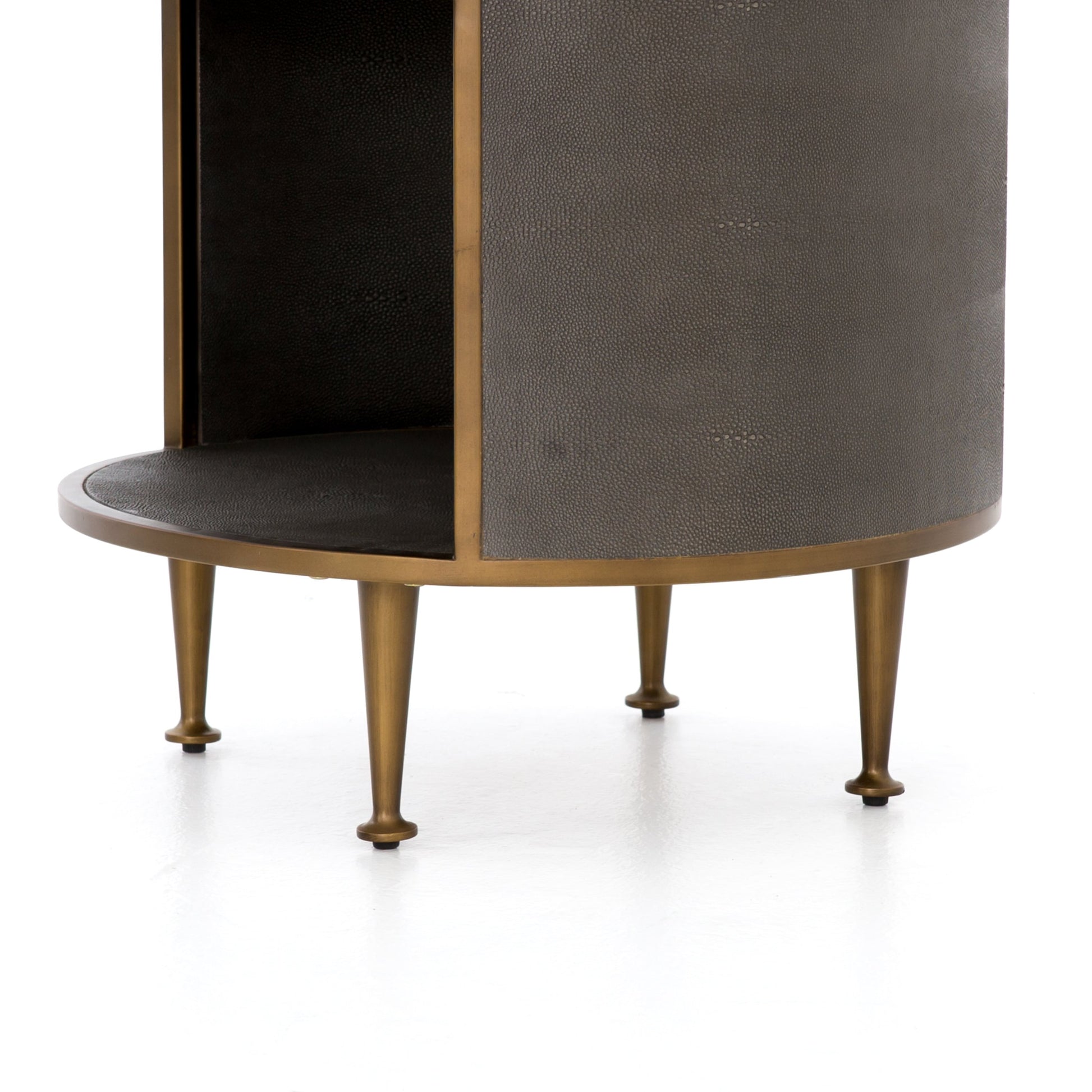 Shagreen Round Nightstand by Four Hands in grey shagreen, antique brass and grey. Made from faux shagreen, iron in a modern style.