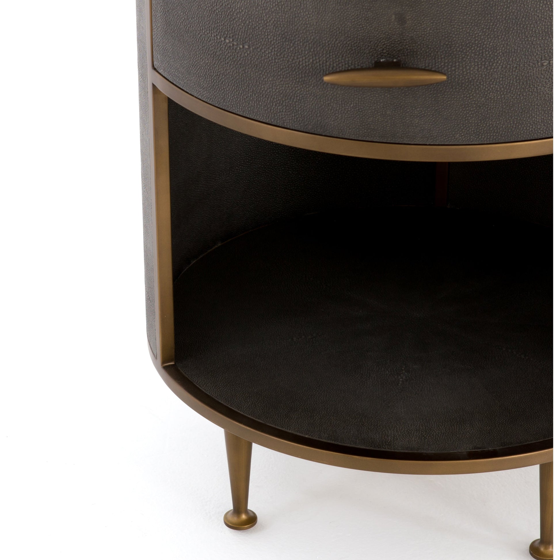 Shagreen Round Nightstand by Four Hands in grey shagreen, antique brass and grey. Made from faux shagreen, iron in a modern style.