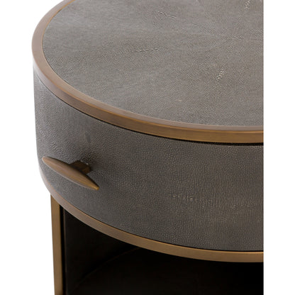 Shagreen Round Nightstand by Four Hands in grey shagreen, antique brass and grey. Made from faux shagreen, iron in a modern style.