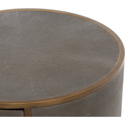 Shagreen Round Nightstand by Four Hands in grey shagreen, antique brass and grey. Made from faux shagreen, iron in a modern style.