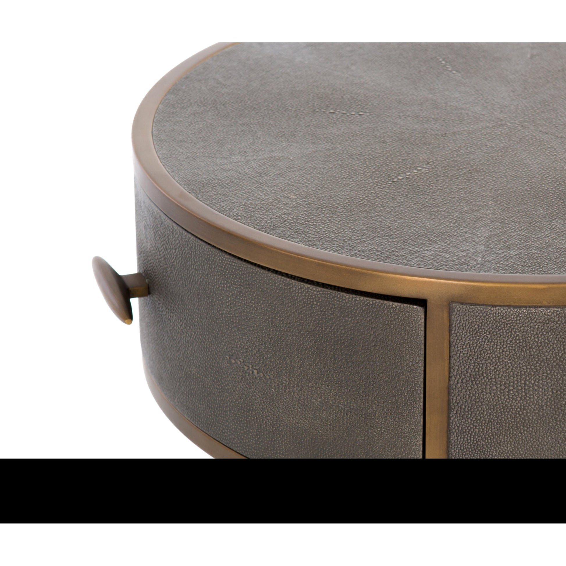 Shagreen Round Nightstand by Four Hands in grey shagreen, antique brass and grey. Made from faux shagreen, iron in a modern style.