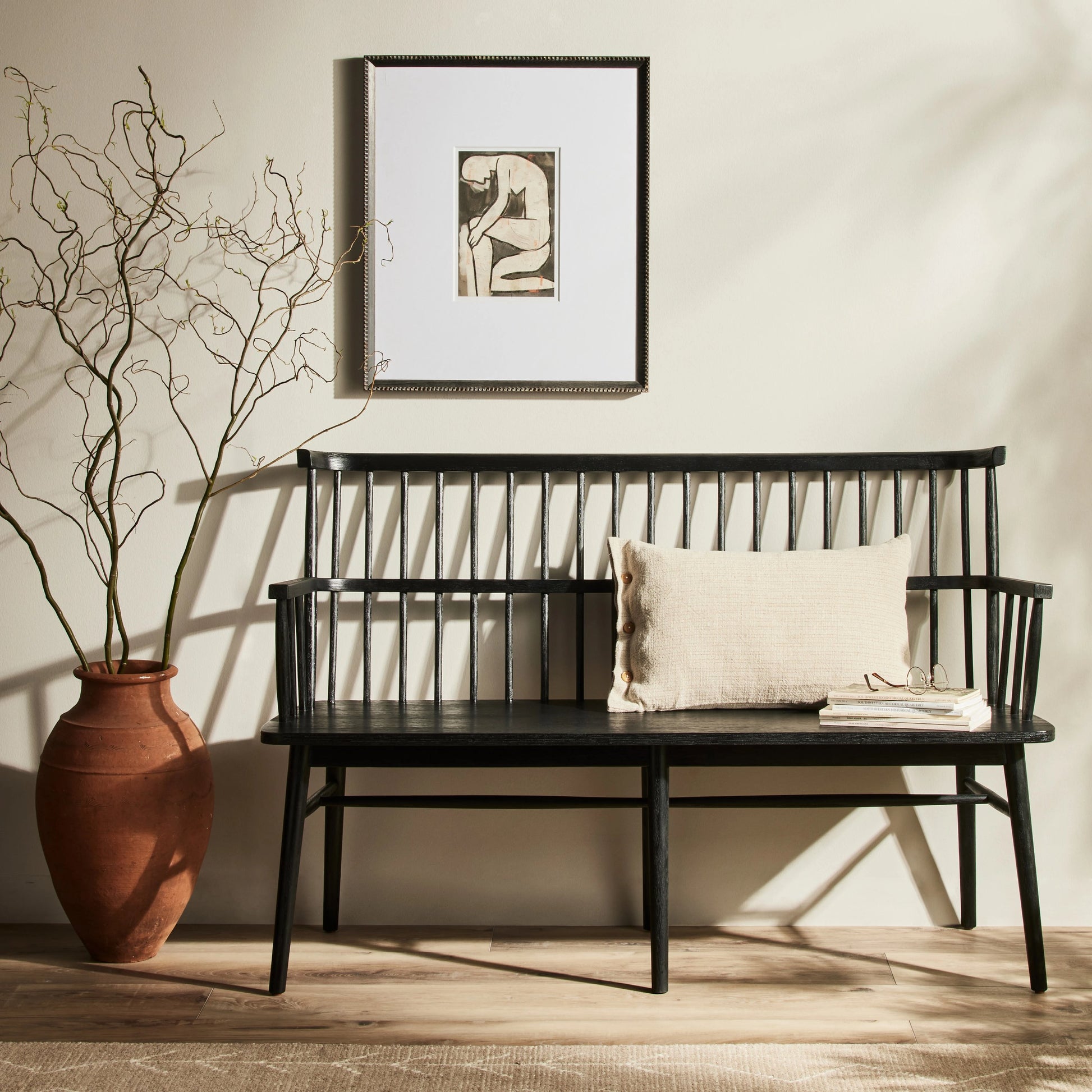 Aspen Bench by Four Hands in matte black. Made from solid beech, beech veneer in a cottage & farmhouse style.