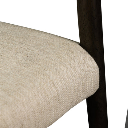 Glenmore Dining Chair by Four Hands. Made from 49% viscose (rayon), 22% flax, linen, 18% polyester, 11% cotton, solid oak, 100% polyester in a transitional style.