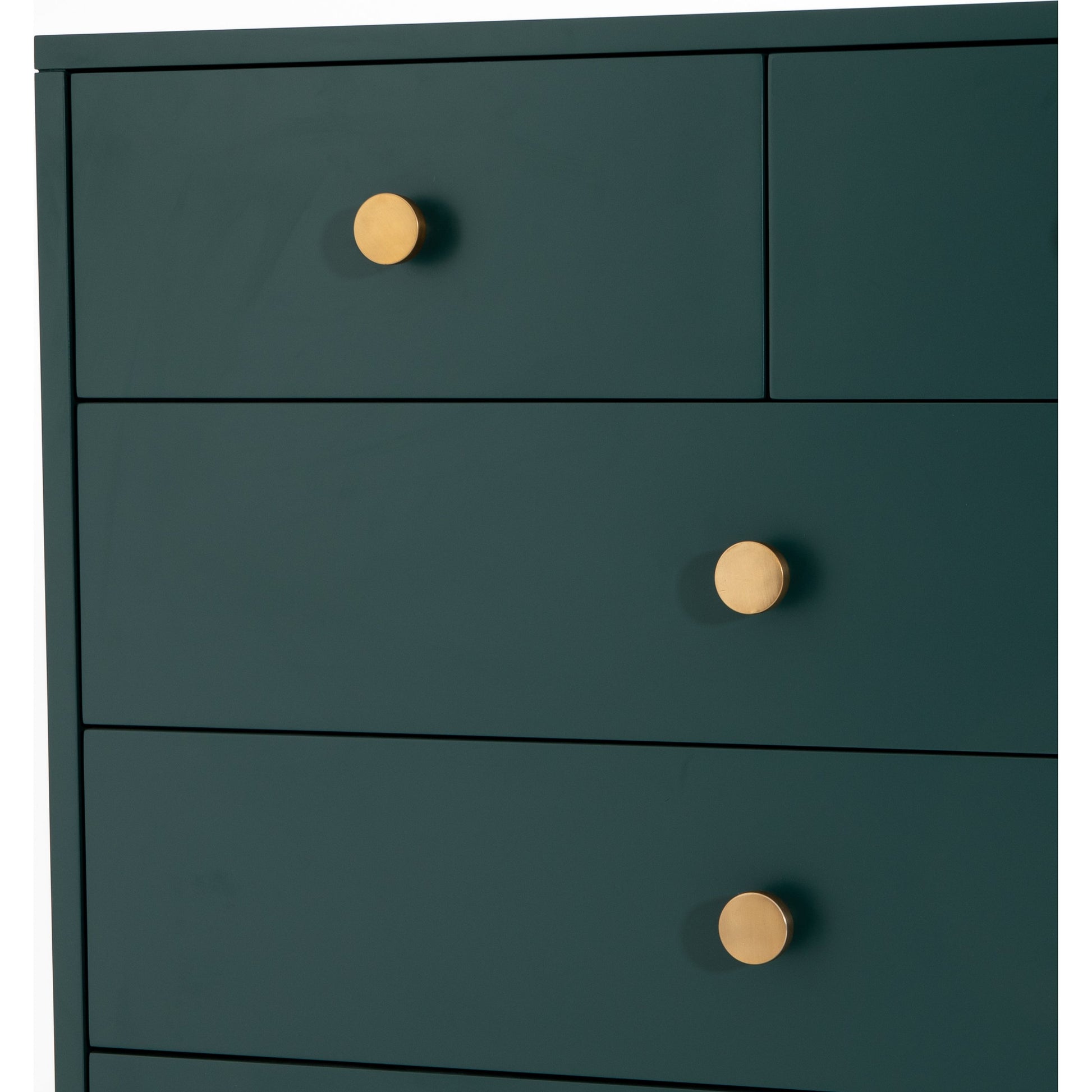 Van 5 Drawer Dresser by Four Hands in juniper green. Made from stainless steel, engineered hardwood in a modern style.