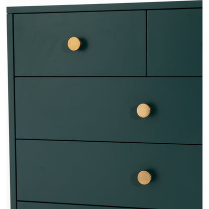 Van 5 Drawer Dresser by Four Hands in juniper green. Made from stainless steel, engineered hardwood in a modern style.
