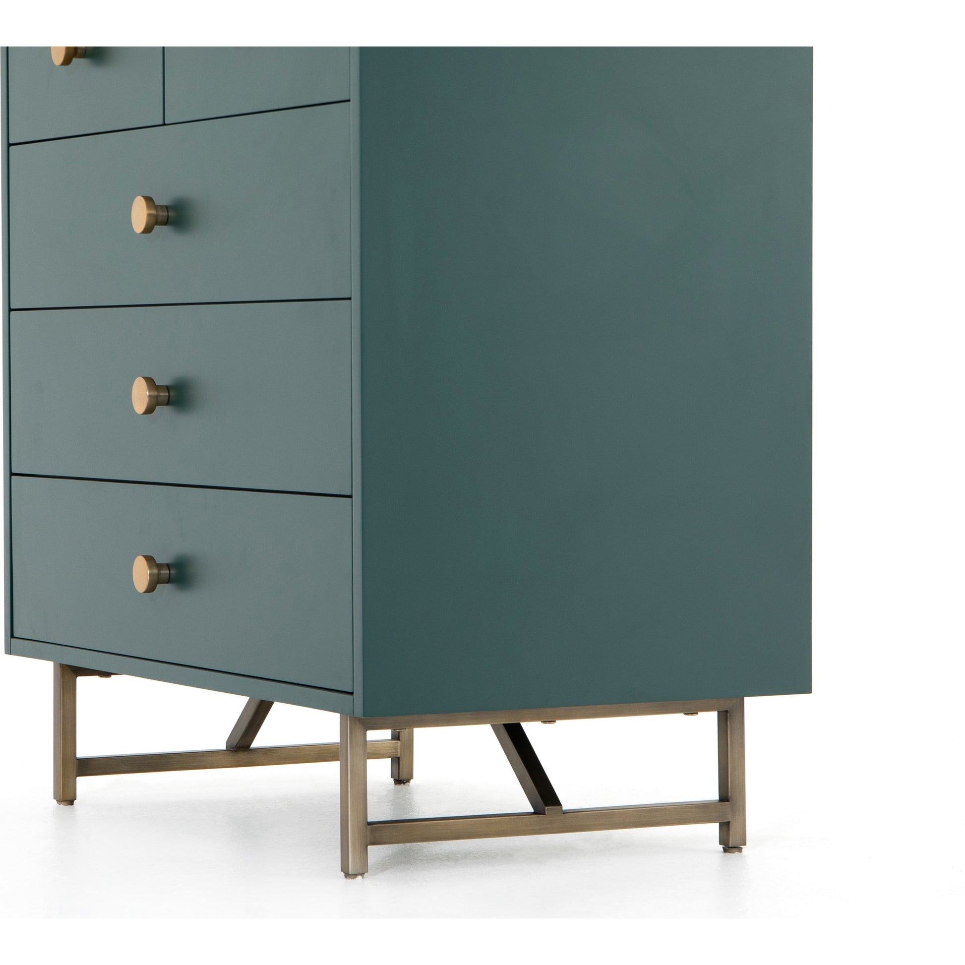 Van 5 Drawer Dresser by Four Hands in juniper green. Made from stainless steel, engineered hardwood in a modern style.