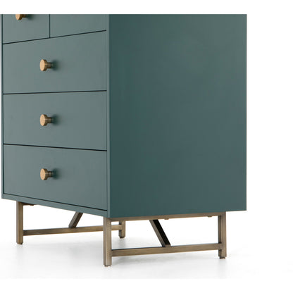 Van 5 Drawer Dresser by Four Hands in juniper green. Made from stainless steel, engineered hardwood in a modern style.
